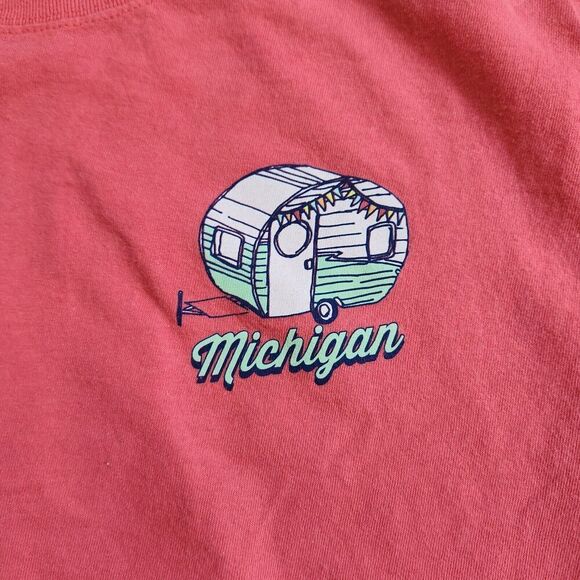 Michigan "Happy Camper" T-Shirt Top Women's Size Large Salmon Pink Tee Pullover - Picture 2 of 4